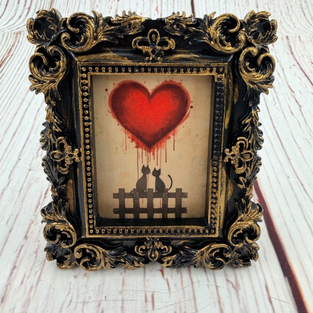 Gothic Two Cats Red Heart Decoupage Art Ornate Black Gold Resin Frame